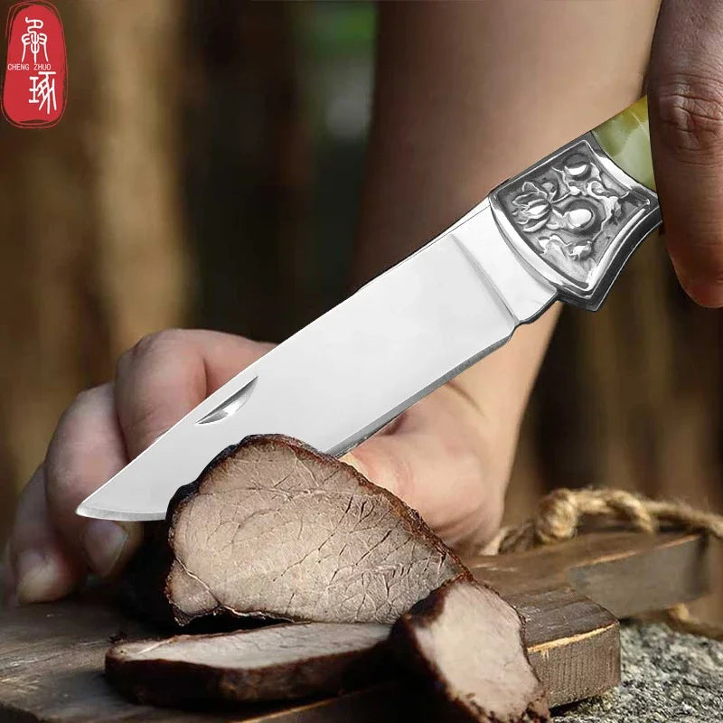 Embossed Steel Tip Pocket Knife Folding Fruit Knife Kitchen Fruit Peeling Cutting Multipurpose Utility Knife with Keychain