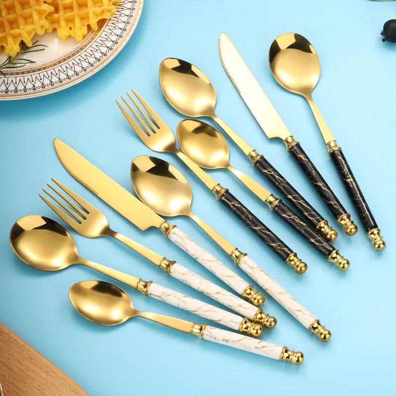 Nordic style stainless steel Western food knife, fork, spoon, marble pattern ceramic handle Western style tableware