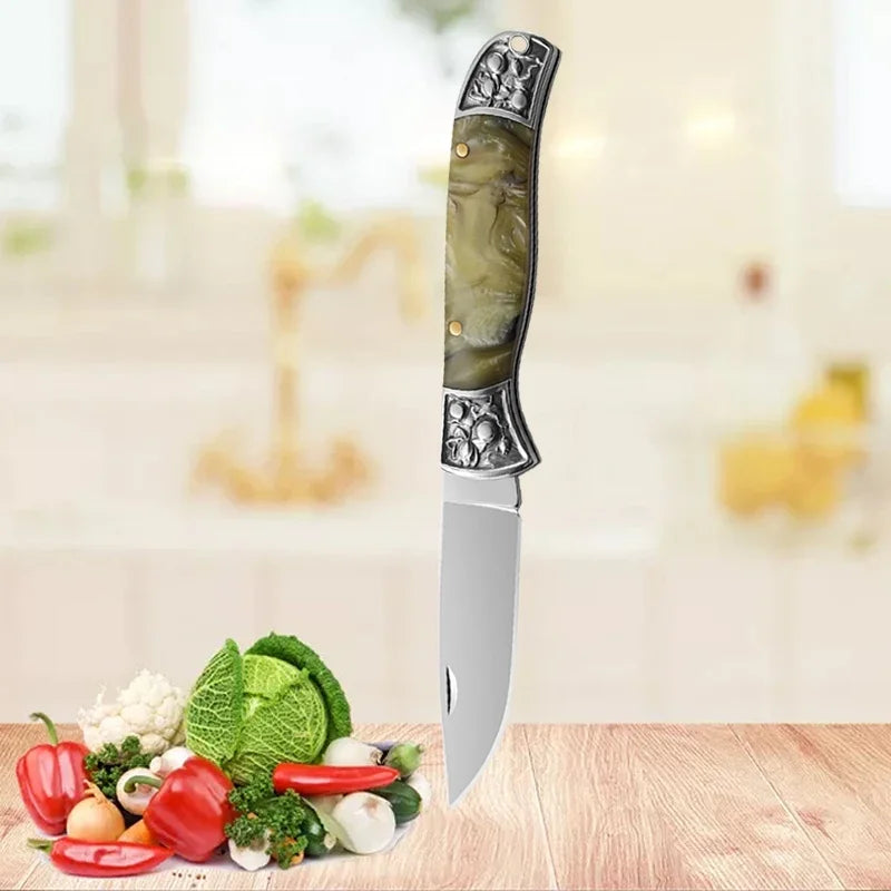 Embossed Steel Tip Pocket Knife Folding Fruit Knife Kitchen Fruit Peeling Cutting Multipurpose Utility Knife with Keychain