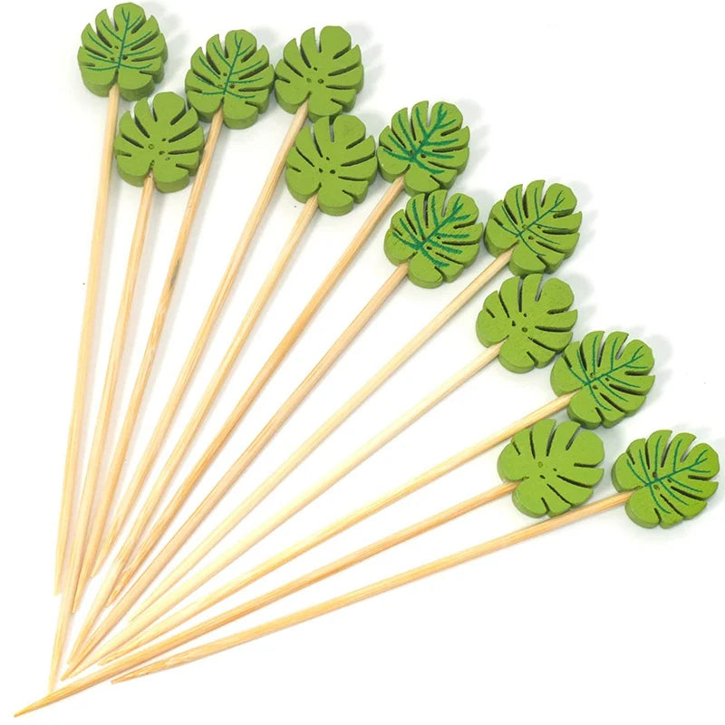 Picks 100 Counts 4.7" Bamboo Wooden Decorative Sticks for Appetizers Fancy Cocktail Party-Green Leaf Toothpicks, Palm Leaves