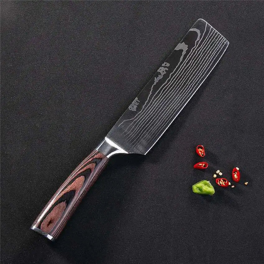 Kitchen Stainless Steel Knife Set Damascus Color Wood Handle Knife Set Kitchen Knife Slicing Boning Knife Bread Knife