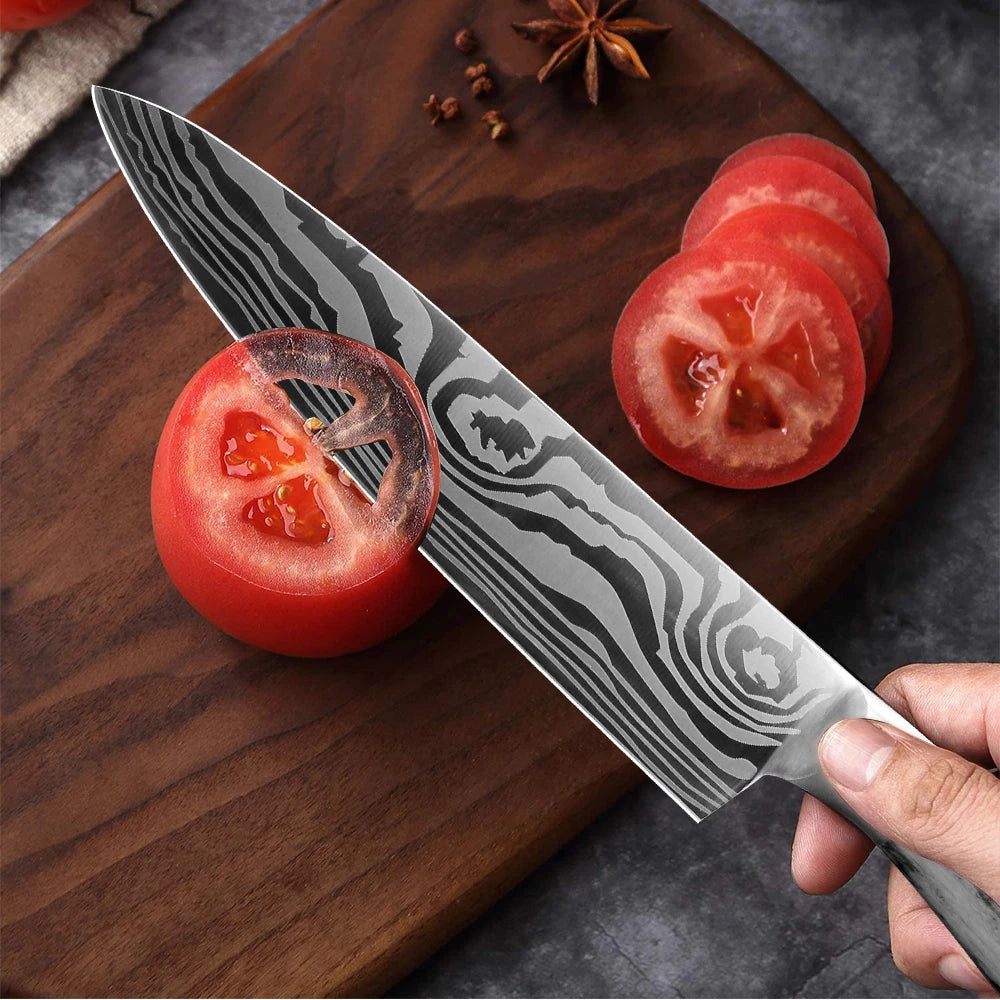 Kitchen Knives Set 1-8PCS Utility Santoku Japanese Chef Knife Cleaver Damascus Drawing 7Cr17 440C Stainless Steel Kitchen Tools