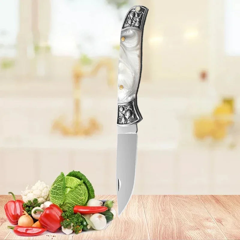 Embossed Steel Tip Pocket Knife Folding Fruit Knife Kitchen Fruit Peeling Cutting Multipurpose Utility Knife with Keychain