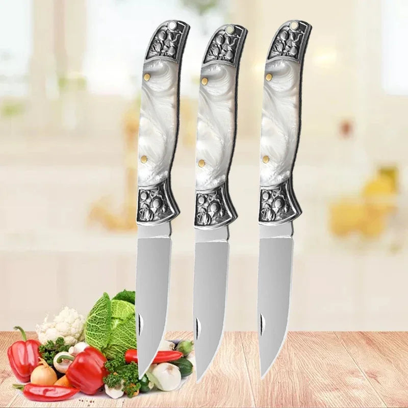 Embossed Steel Tip Pocket Knife Folding Fruit Knife Kitchen Fruit Peeling Cutting Multipurpose Utility Knife with Keychain