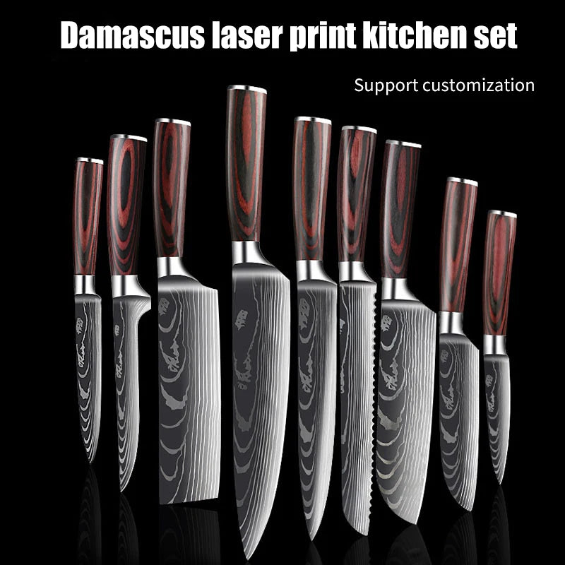 Kitchen Stainless Steel Knife Set Damascus Color Wood Handle Knife Set Kitchen Knife Slicing Boning Knife Bread Knife