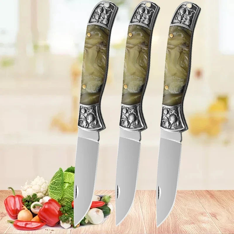 Embossed Steel Tip Pocket Knife Folding Fruit Knife Kitchen Fruit Peeling Cutting Multipurpose Utility Knife with Keychain