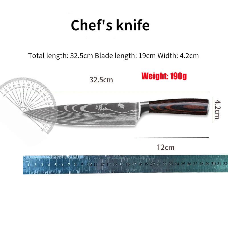 Kitchen Stainless Steel Knife Set Damascus Color Wood Handle Knife Set Kitchen Knife Slicing Boning Knife Bread Knife