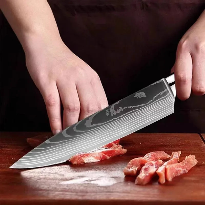 Kitchen Stainless Steel Knife Set Damascus Color Wood Handle Knife Set Kitchen Knife Slicing Boning Knife Bread Knife