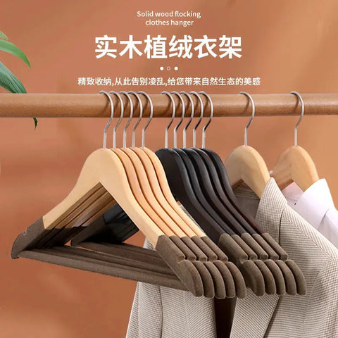 10pcs Wooden Clothes Hanger Non-slip High-end Wooden Hanger Solid Wood Flocked Clothes Hanger Clothes Storage wiktra