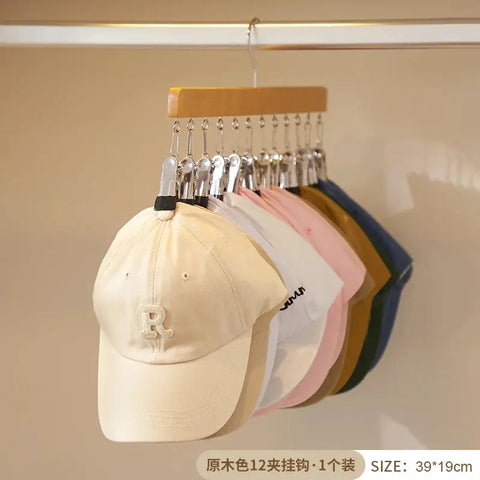 12 Clips Wooden Hat Storage Hanger for Baseball Caps Socks Storage Rack Newborn Clothes Hangers Hat Organizer