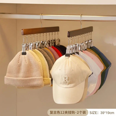 12 Clips Wooden Hat Storage Hanger for Baseball Caps Socks Storage Rack Newborn Clothes Hangers Hat Organizer