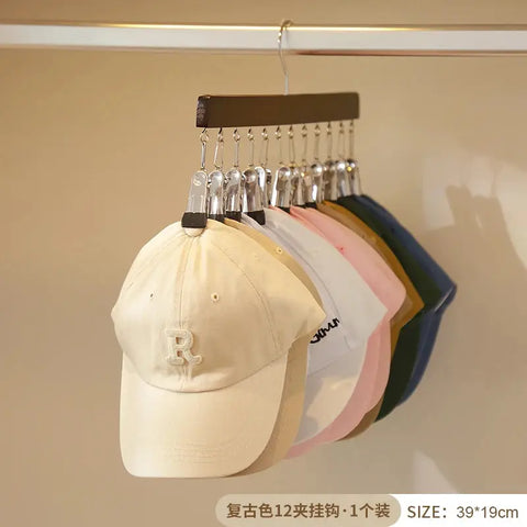 12 Clips Wooden Hat Storage Hanger for Baseball Caps Socks Storage Rack Newborn Clothes Hangers Hat Organizer