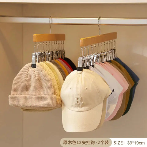 12 Clips Wooden Hat Storage Hanger for Baseball Caps Socks Storage Rack Newborn Clothes Hangers Hat Organizer