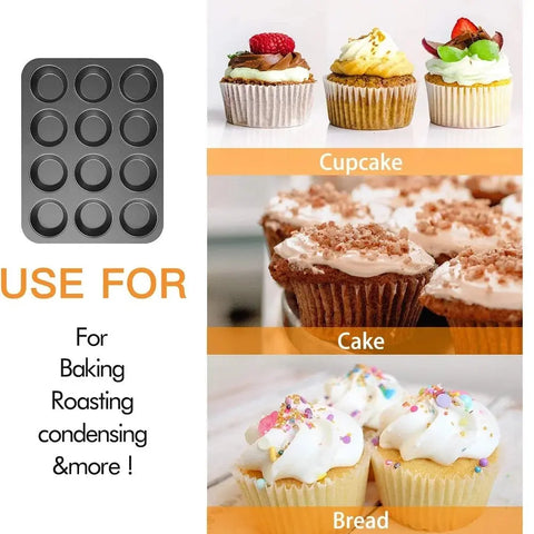 12-Cup Round Cupcake Pan Muffin Tray Cupcake Molds Muffin Pan Bakeware Non-Stick Bakeware Heavy Duty Carbon Steel Pan Muffin Tin wiktra