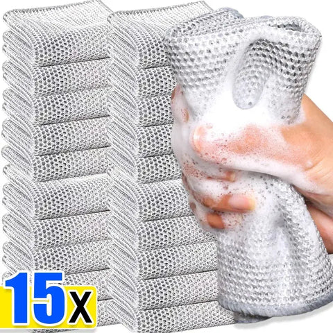 15/1PCS Metal Steel Wire Cleaning Rags Double Layer Non Stick Oil Steel Wire Rag Home Kitchen Pot Dishcloth Pan Washing Towels wiktra