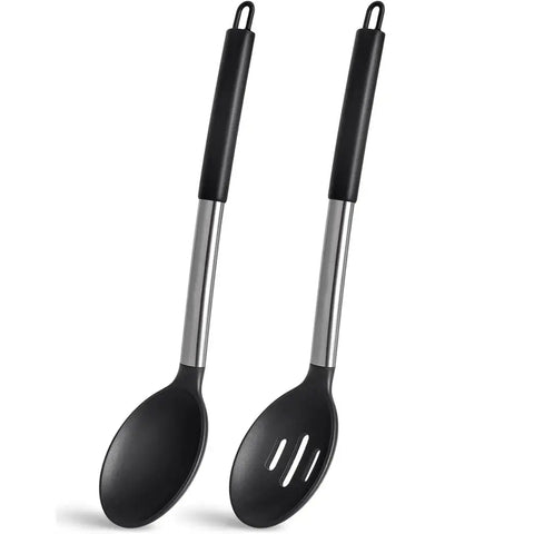 2 Pieces Stainless Steel Silicone Spoon Colander Stirring Set Cooking Tools Kitchen Utensils Salad Spoon Non-stick Kitchen Tools wiktra