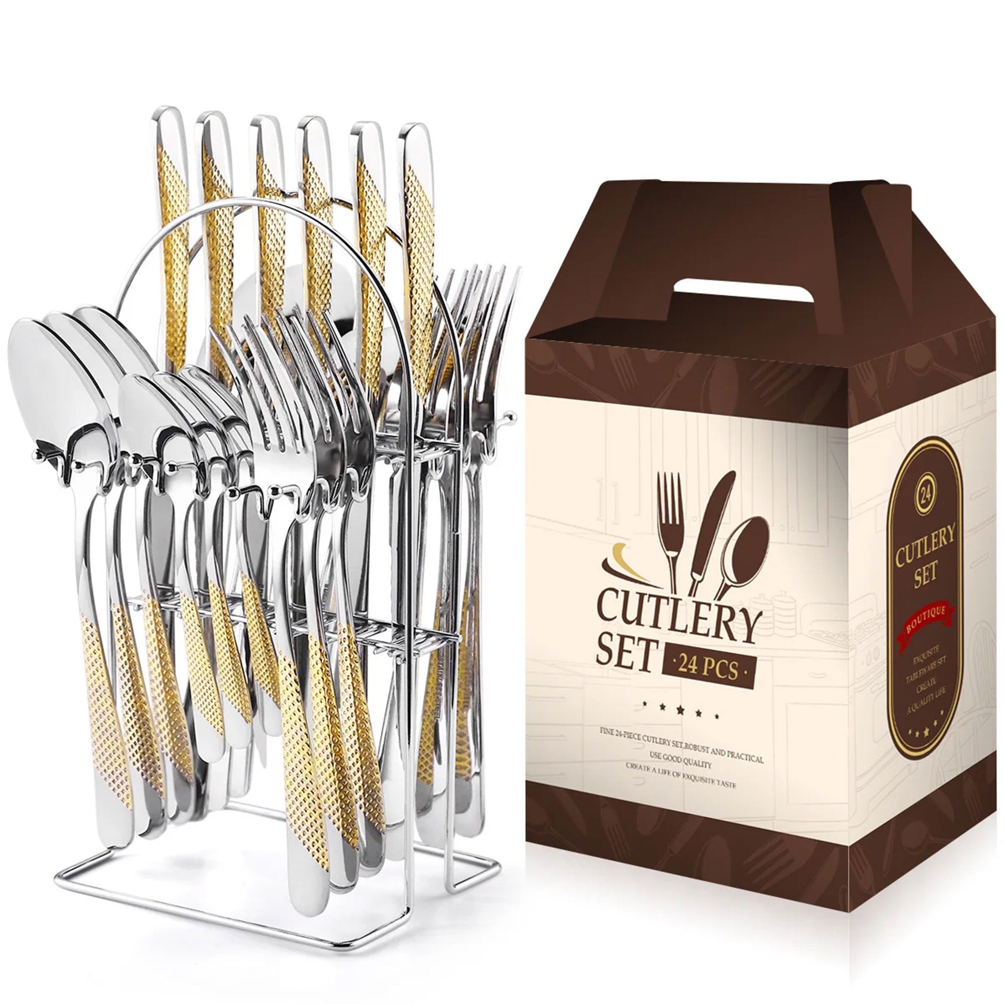 24-Piece Stainless Steel Cutlery Set – Titanium Plated Knife, Fork & Spoon