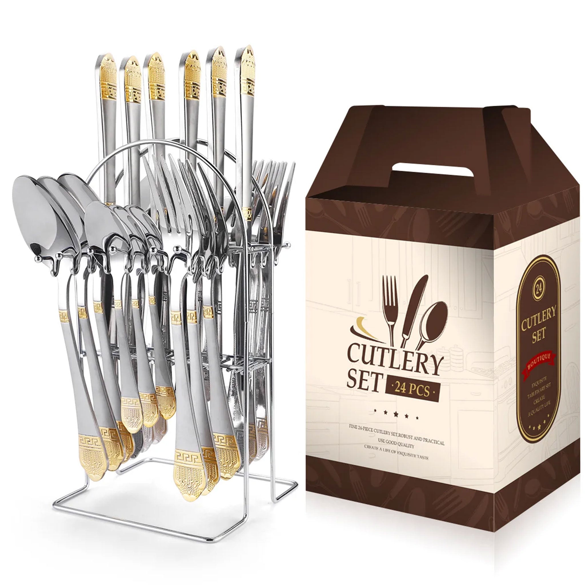 24-Piece Stainless Steel Cutlery Set – Titanium Plated Knife, Fork & Spoon
