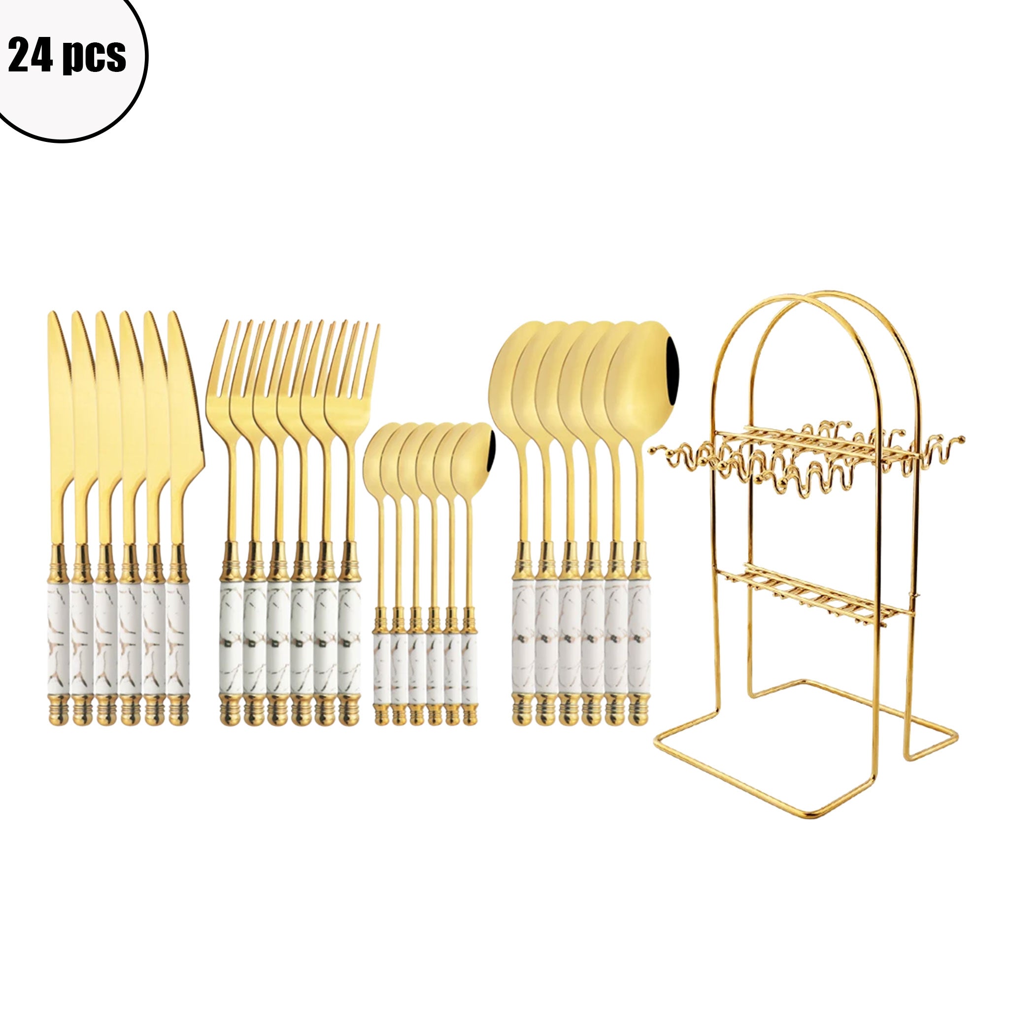 24-Piece Stainless Steel Cutlery Set – White & Gold Ceramic Handle