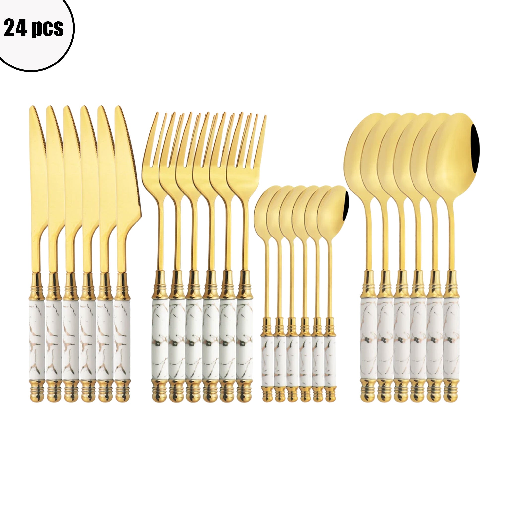 24-Piece Stainless Steel Cutlery Set – White & Gold Ceramic Handle