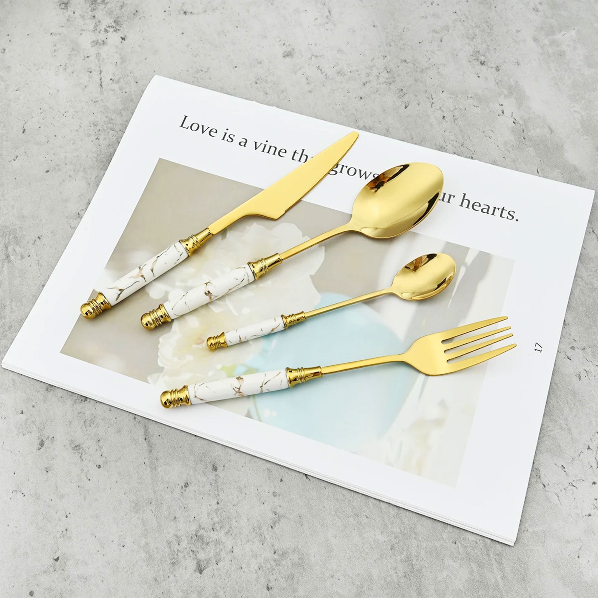 24-Piece Stainless Steel Cutlery Set – White & Gold Ceramic Handle
