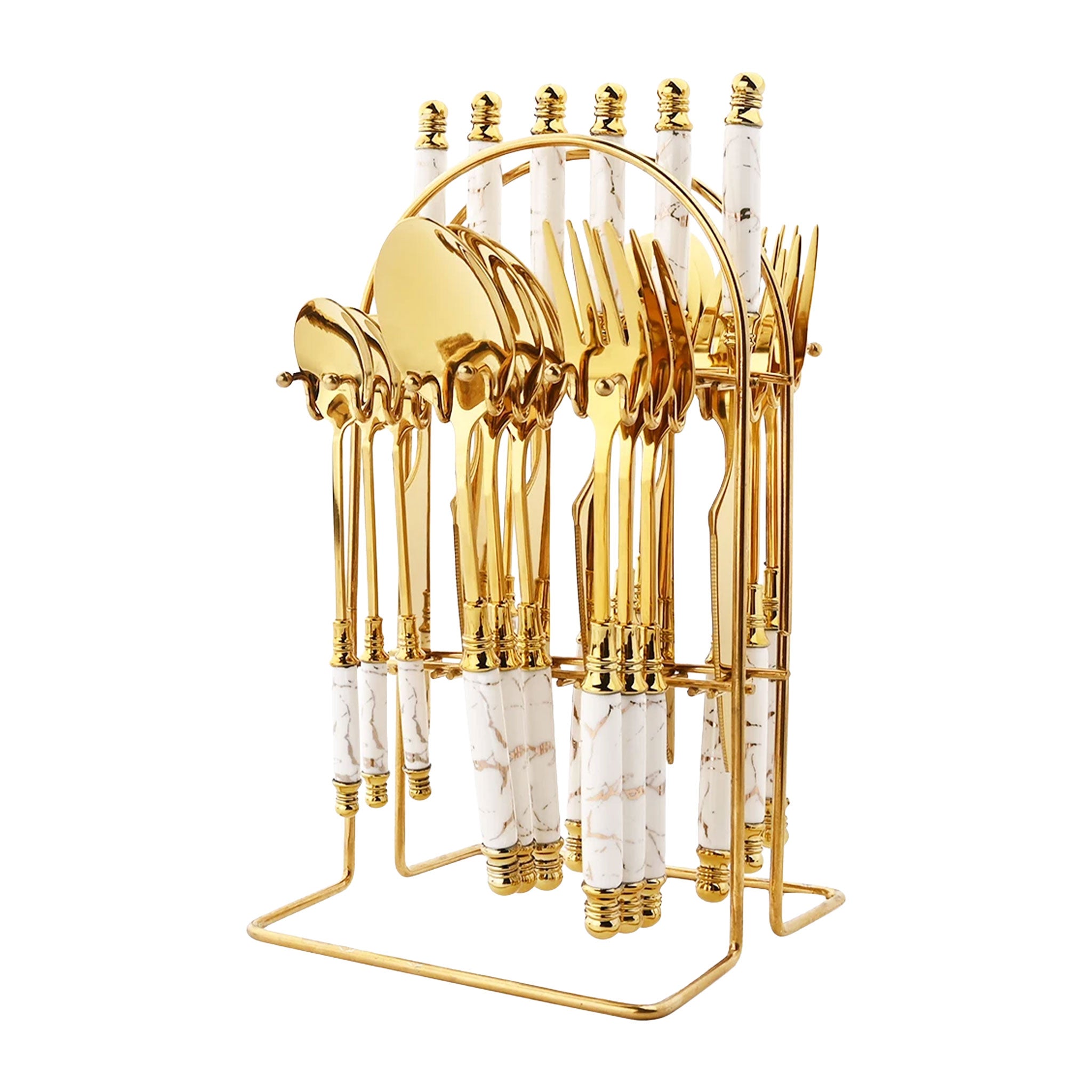 24-Piece Stainless Steel Cutlery Set – White & Gold Ceramic Handle