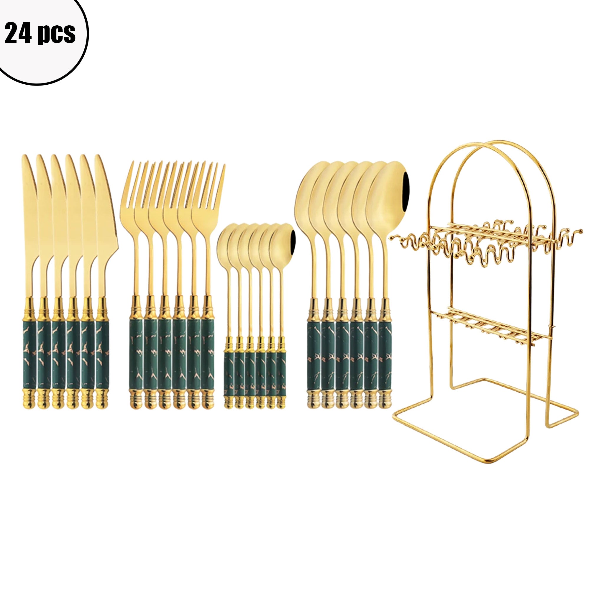 24-Piece Stainless Steel Cutlery Set – White & Gold Ceramic Handle
