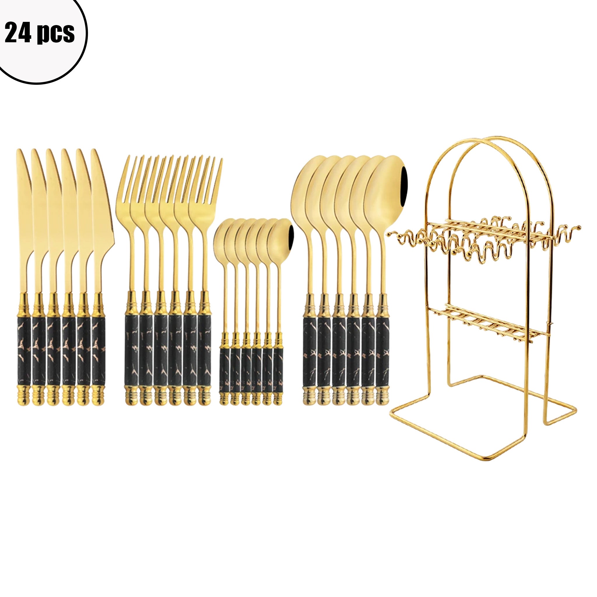 24-Piece Stainless Steel Cutlery Set – White & Gold Ceramic Handle