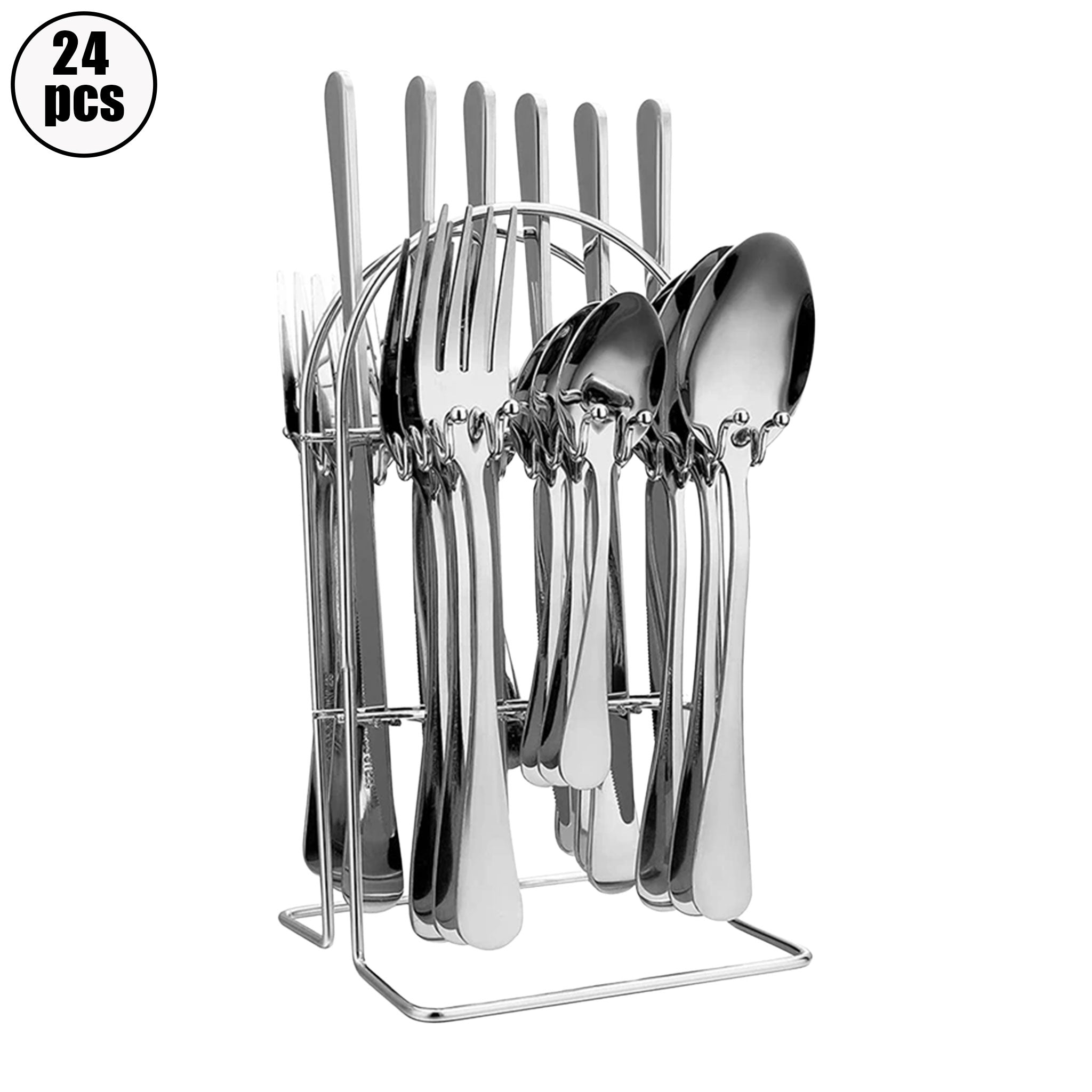 24-Piece Stainless Steel Silverware Set with Stand – Knife, Fork & Spoon