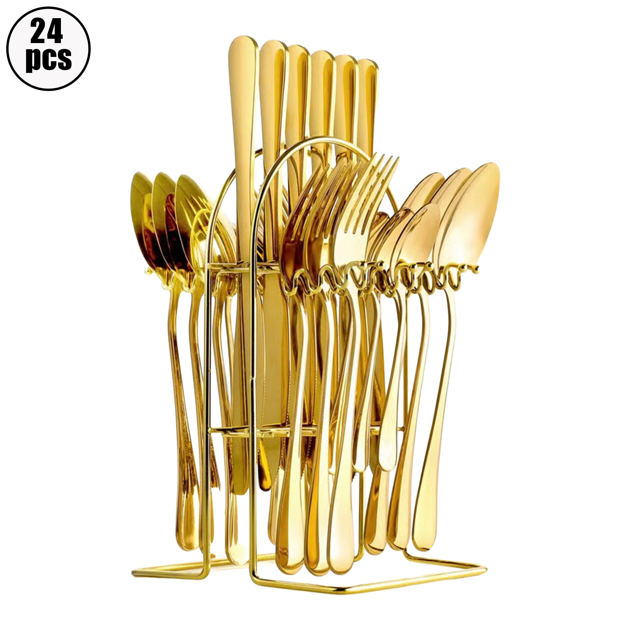 24-Piece Stainless Steel Silverware Set with Stand – Knife, Fork & Spoon