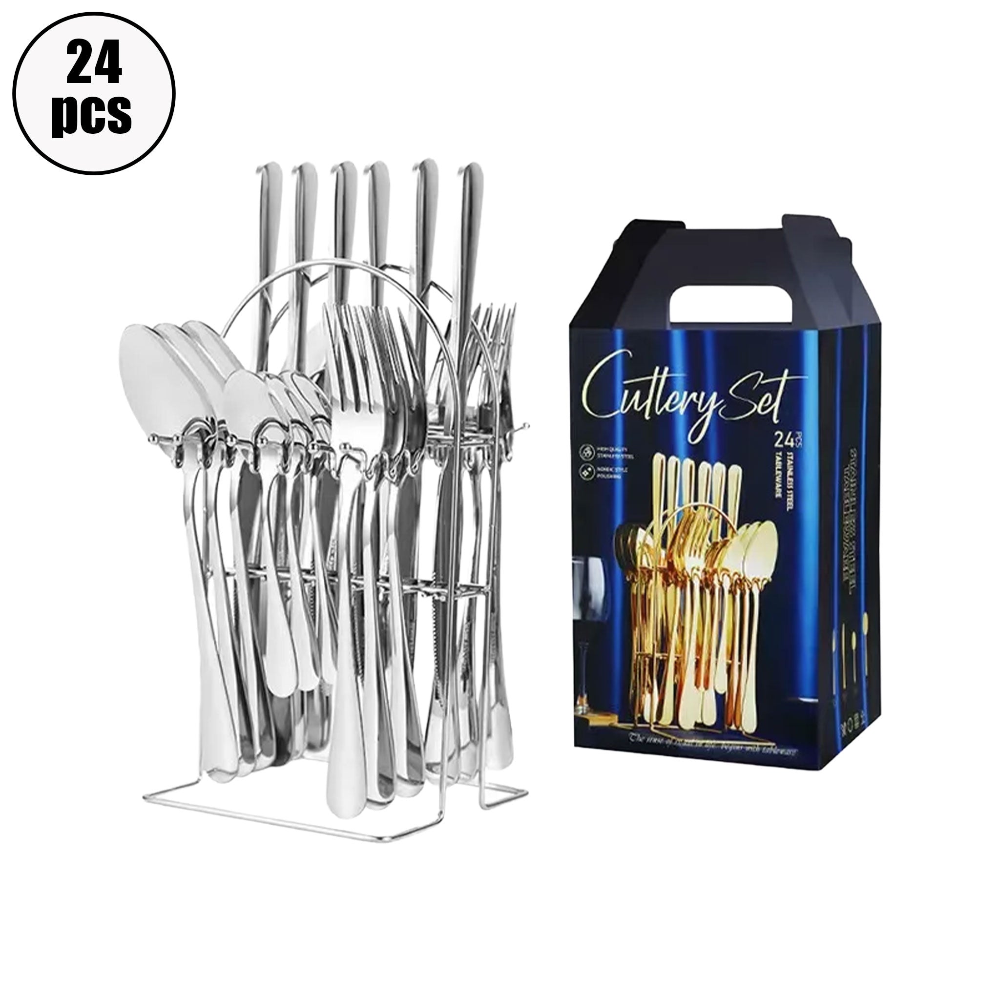 24-Piece Stainless Steel Tableware Set with Gift Box – Knife, Fork & Spoon