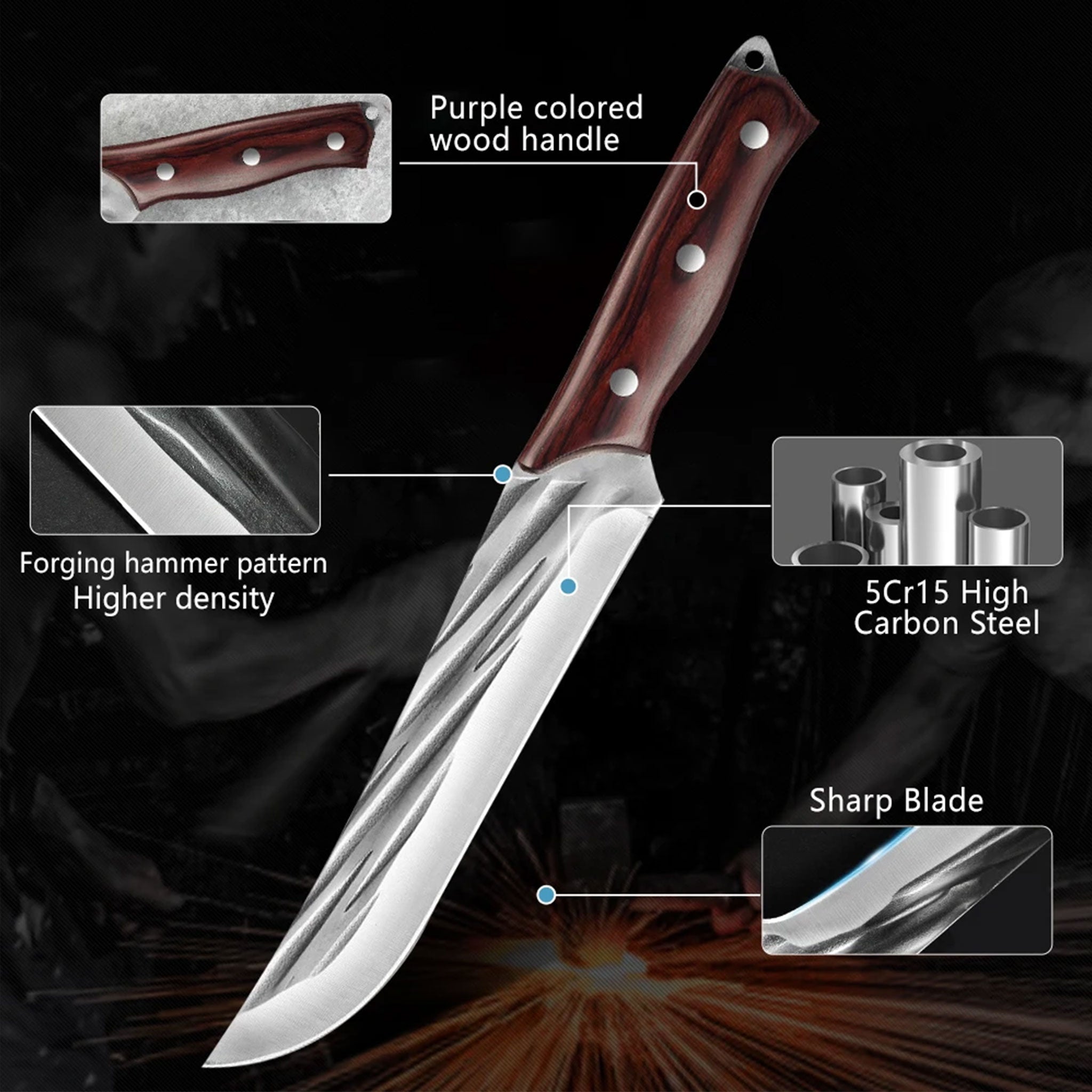3-Piece Forged Chef Knife Set – 5Cr15MoV Stainless Steel with Purple Wood Handles