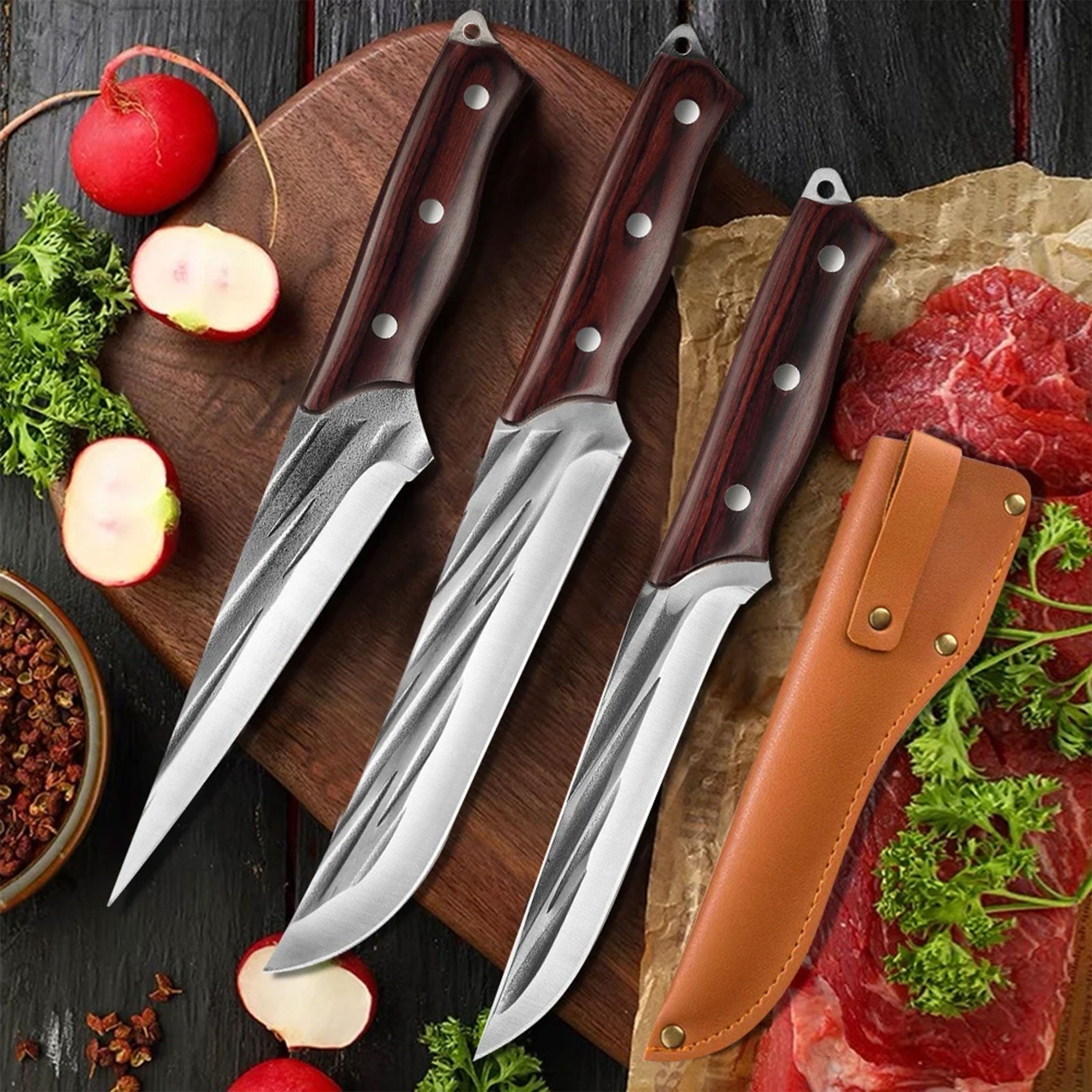 3-Piece Forged Chef Knife Set – 5Cr15MoV Stainless Steel with Purple Wood Handles
