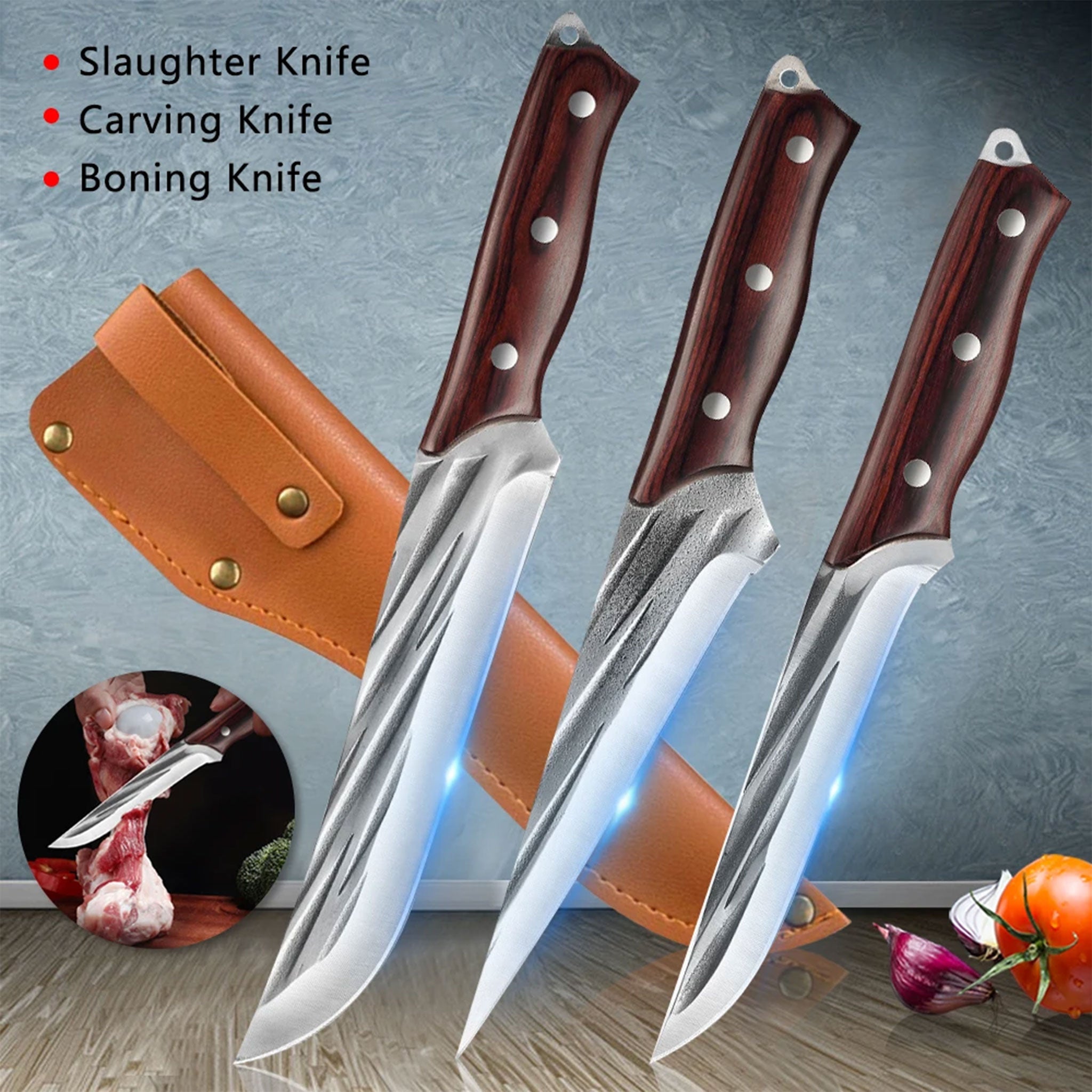3-Piece Forged Chef Knife Set – 5Cr15MoV Stainless Steel with Purple Wood Handles