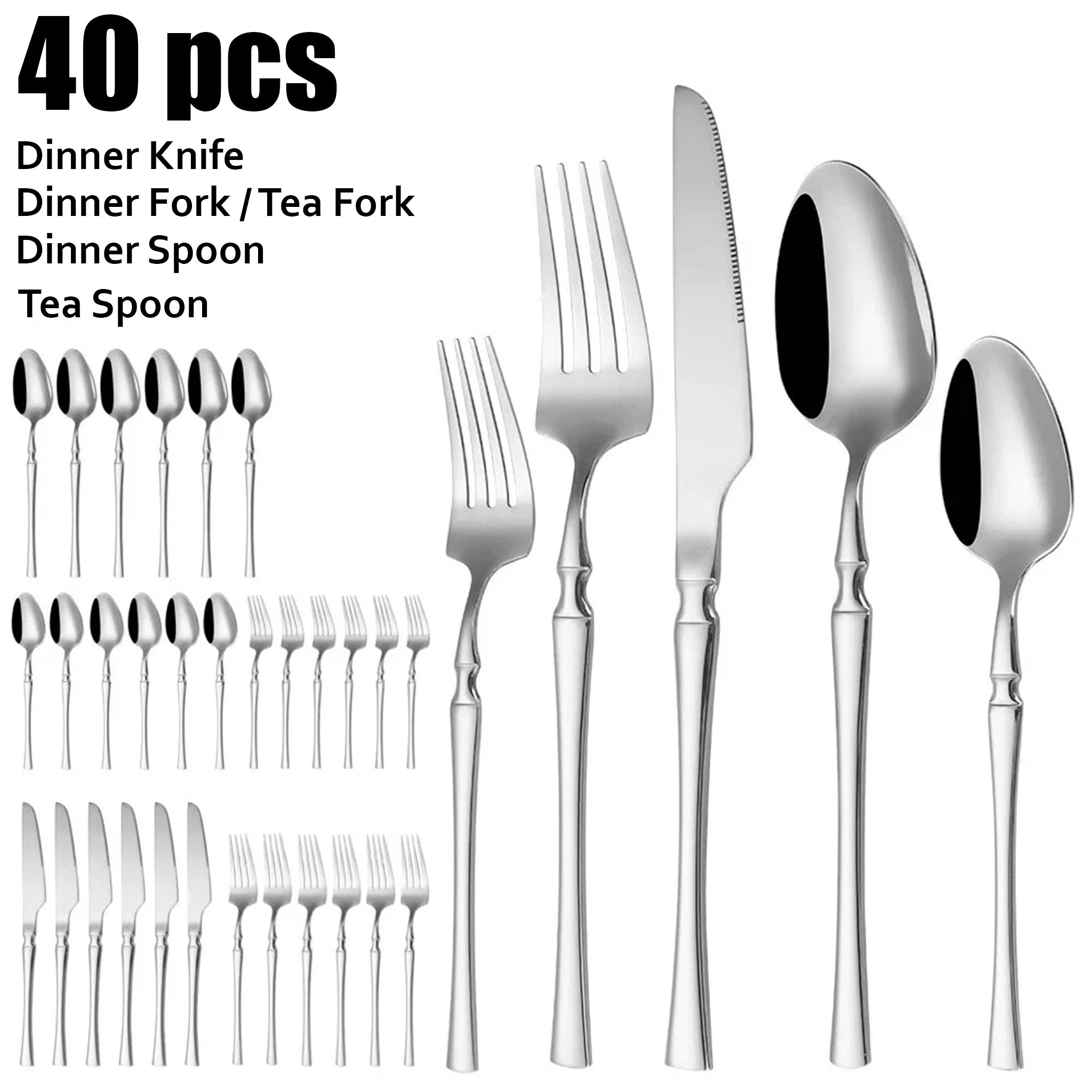 30/40/60-Piece Silver Stainless Steel Flatware Set – Knife, Fork & Spoons