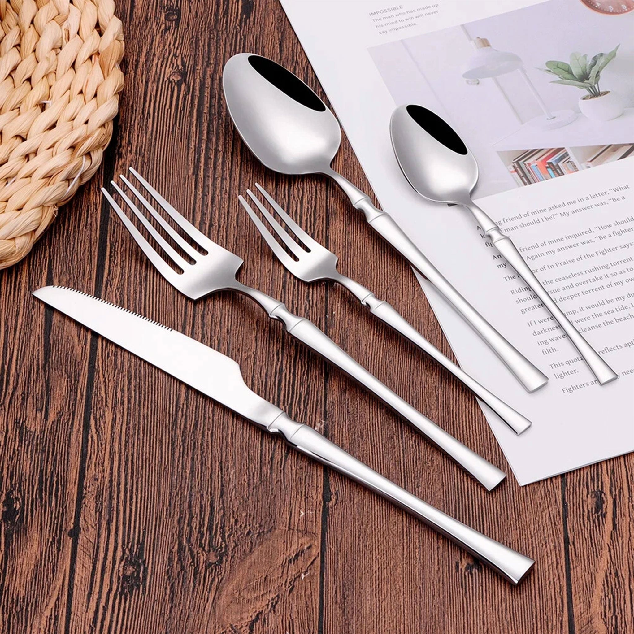 30/40/60-Piece Silver Stainless Steel Flatware Set – Knife, Fork & Spoons