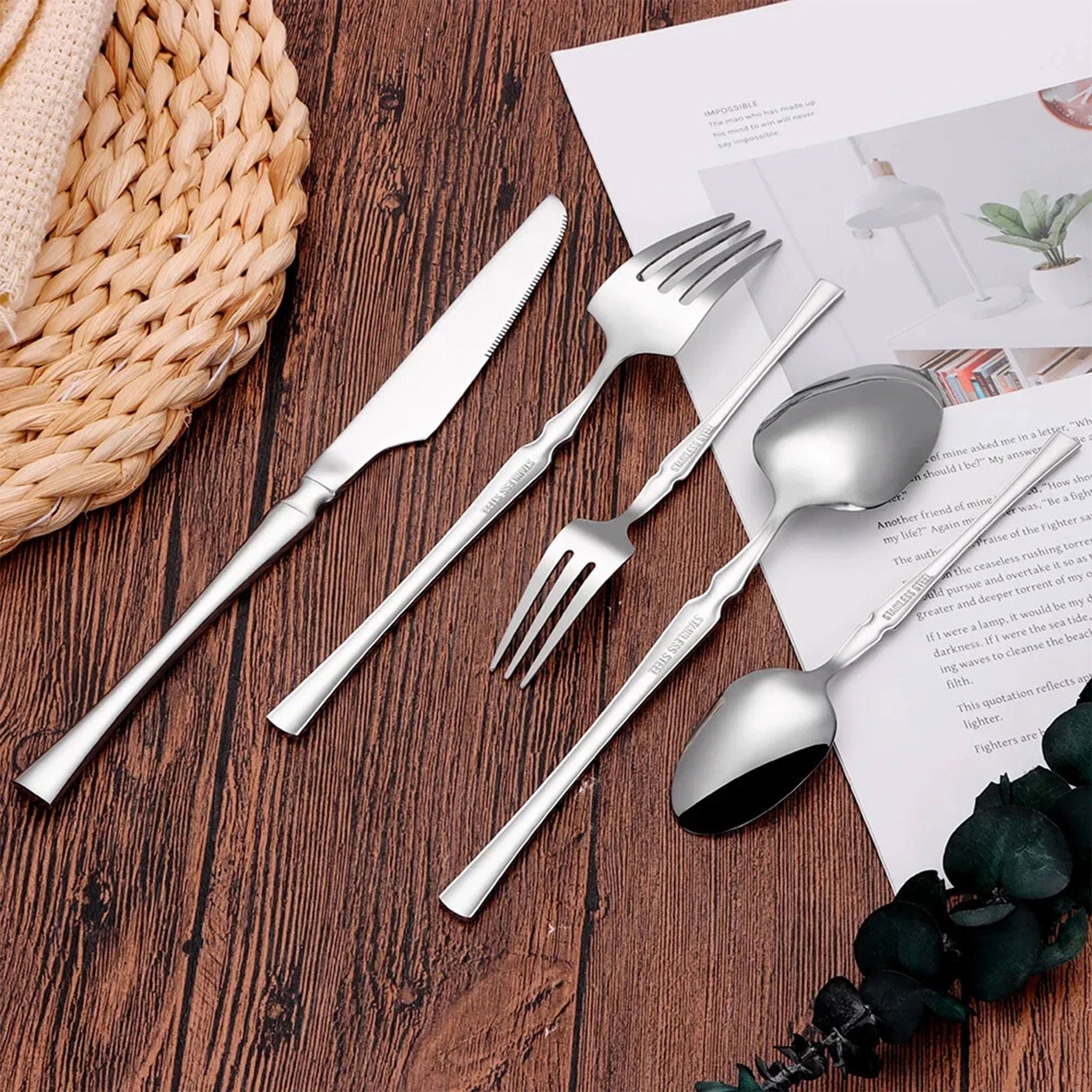 30/40/60-Piece Silver Stainless Steel Flatware Set – Knife, Fork & Spoons