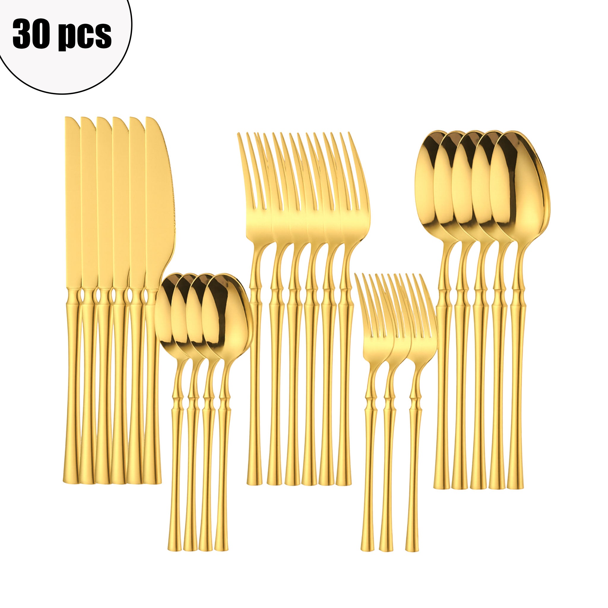 30-Piece Glossy Gold Stainless Steel Dinnerware Set – Knives, Forks & Spoons