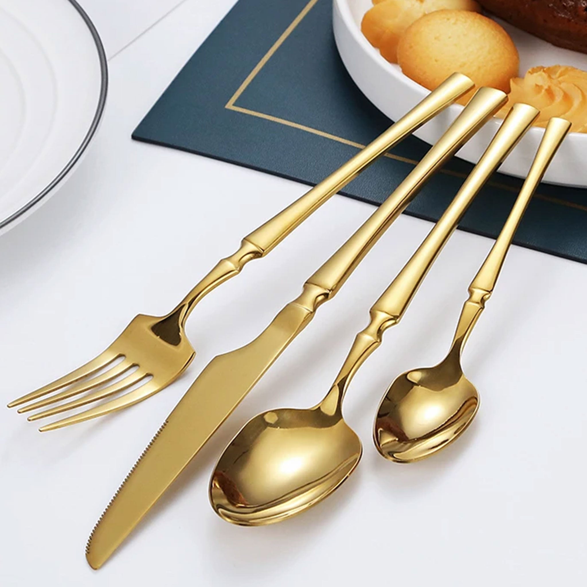 30-Piece Glossy Gold Stainless Steel Dinnerware Set – Knives, Forks & Spoons