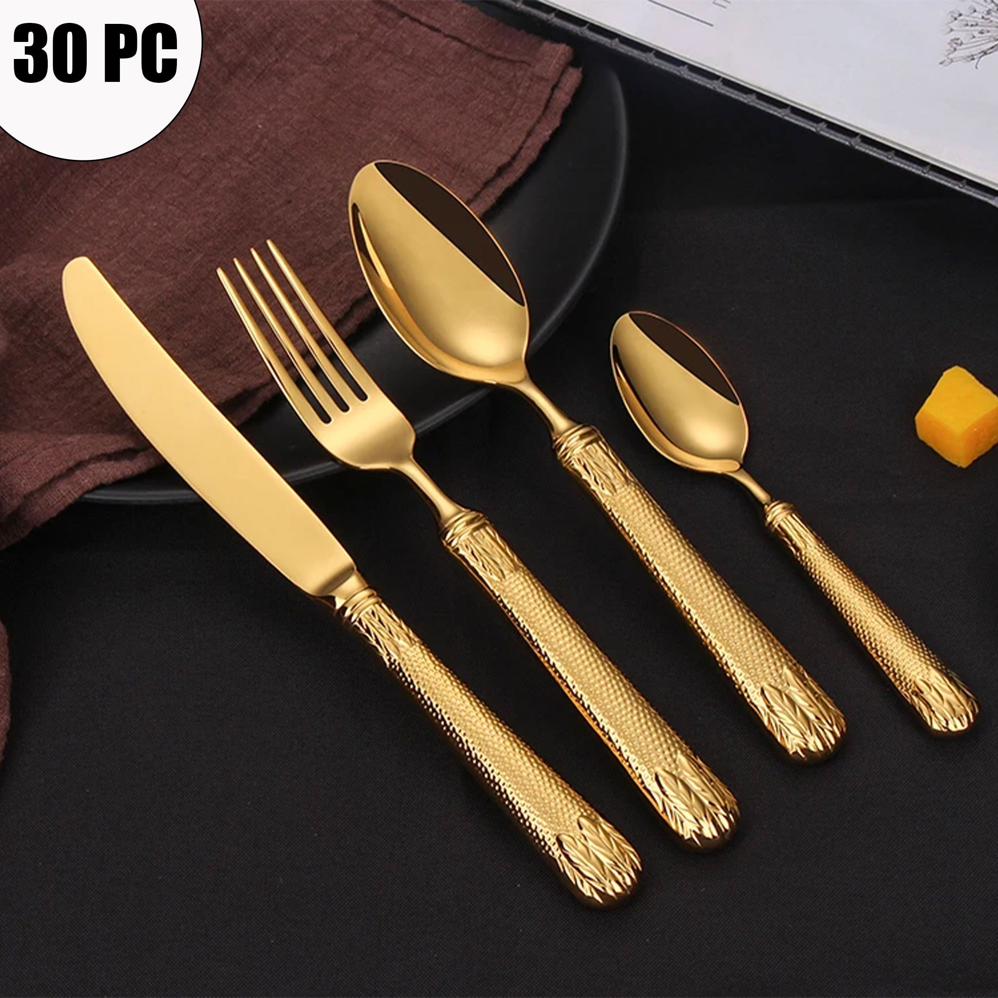 30-Piece Luxury Black & Gold Stainless Steel Flatware Set