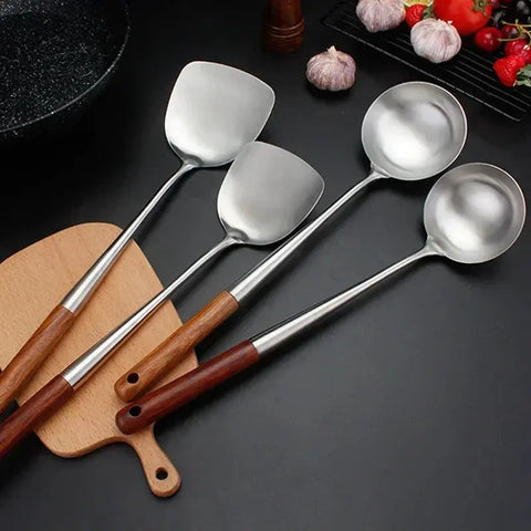 304 Stainless Steel Spatula Spoon With Wooden Handle Lengthened Cooking Spoon Anti-Scalding Cooking Shovel Kitchenware wiktra