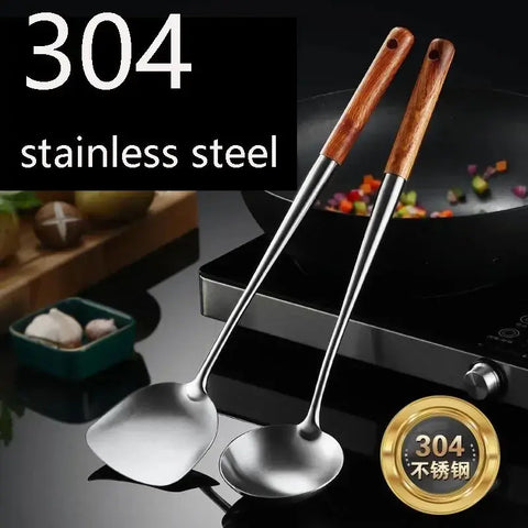 304 Stainless Steel Spatula Spoon With Wooden Handle Lengthened Cooking Spoon Anti-Scalding Cooking Shovel Kitchenware wiktra