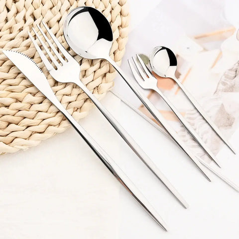 30pcs Silver Cutlery Set Knife Fruit Forks Cake Fork Tea Spoon Dinnerware Stainless Steel Tableware Set Party Kitchen Tool wiktra