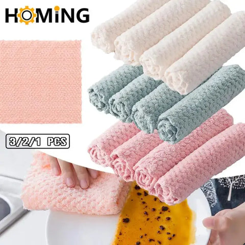 3PCS Coral Fleece Dishcloths Thickened Kitchen Cleaning Towel Absorbent Non-stick Oil Microfiber Rag Pan Pot Dish Wipe Cloth wiktra