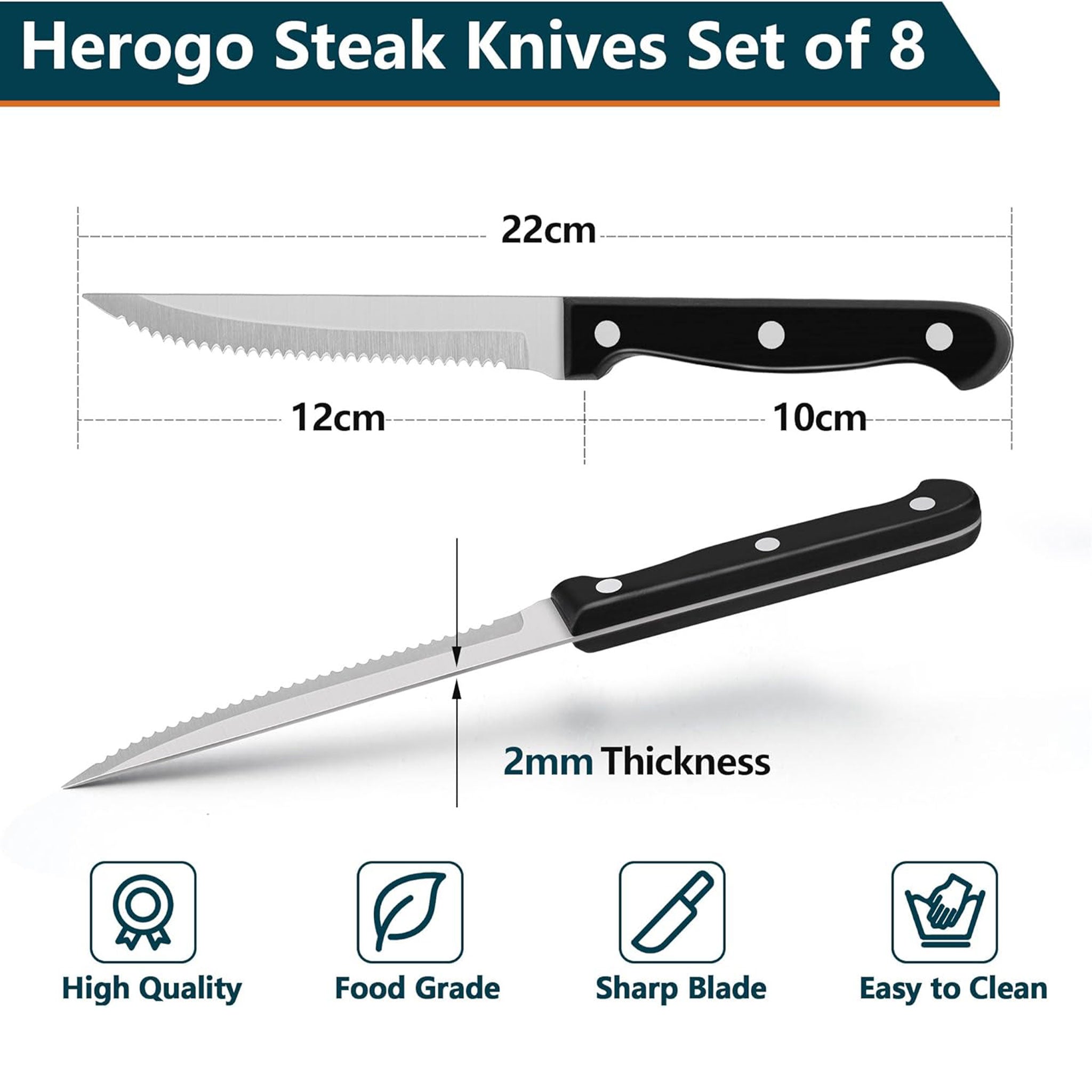 4/6/8/12-Piece Steak Knife Set – Sharp Blade with Black PP Handles for BBQ & Meat Cutting