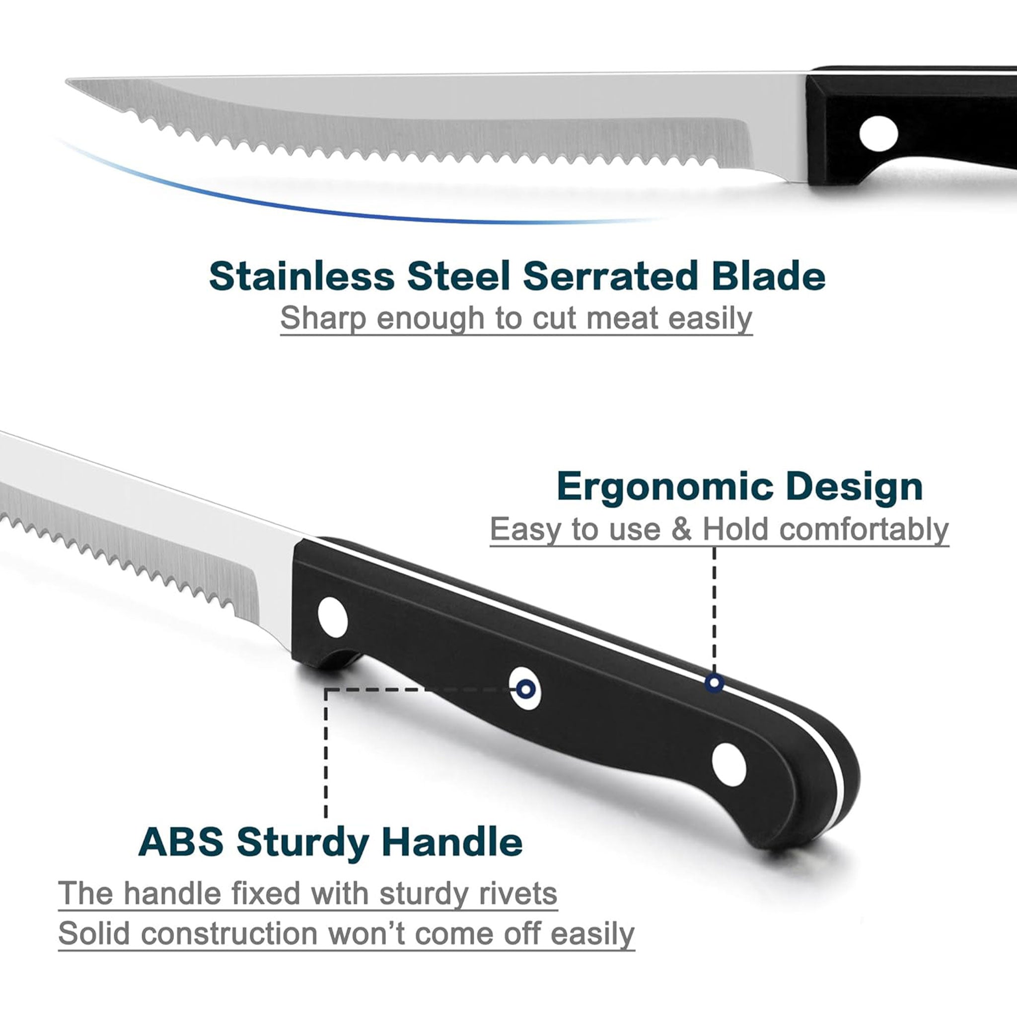 4/6/8/12-Piece Steak Knife Set – Sharp Blade with Black PP Handles for BBQ & Meat Cutting