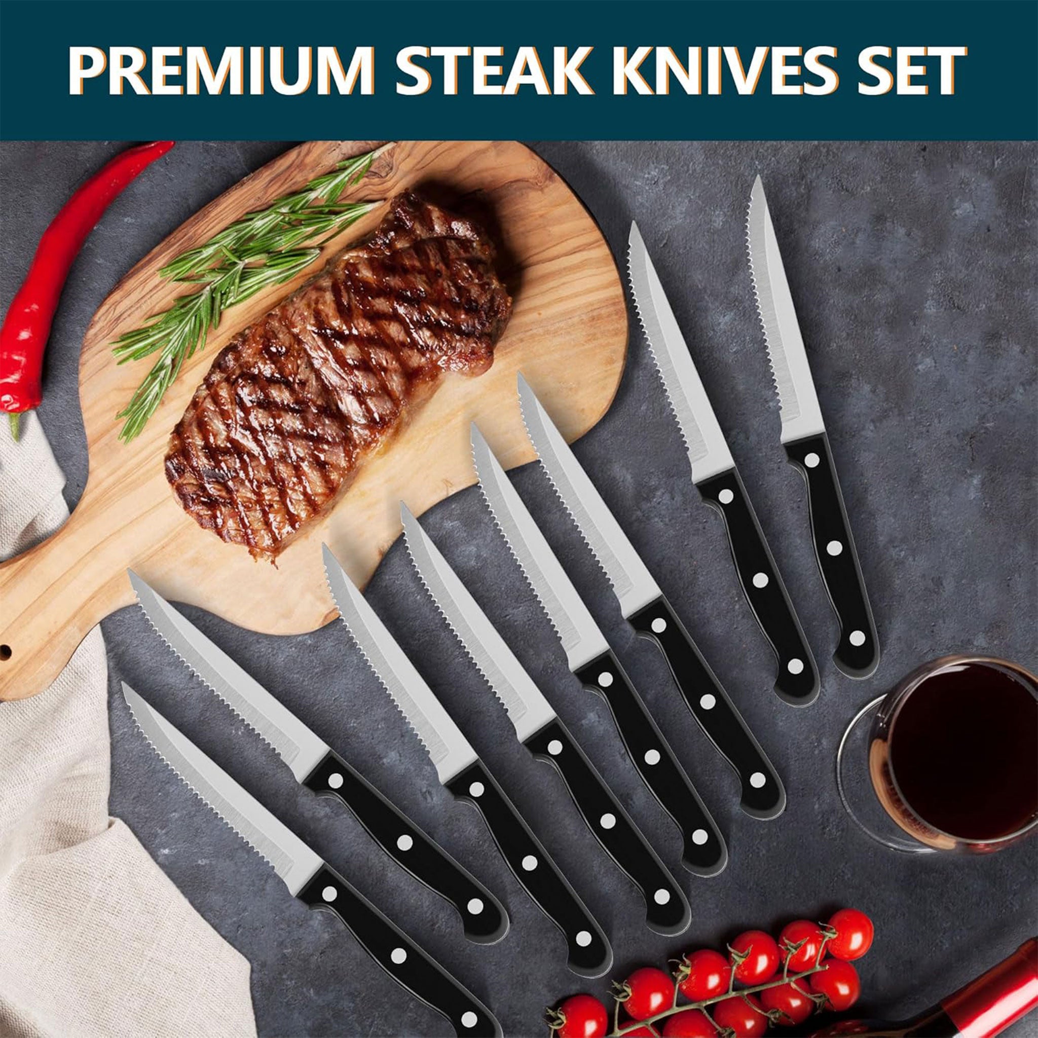 4/6/8/12-Piece Steak Knife Set – Sharp Blade with Black PP Handles for BBQ & Meat Cutting
