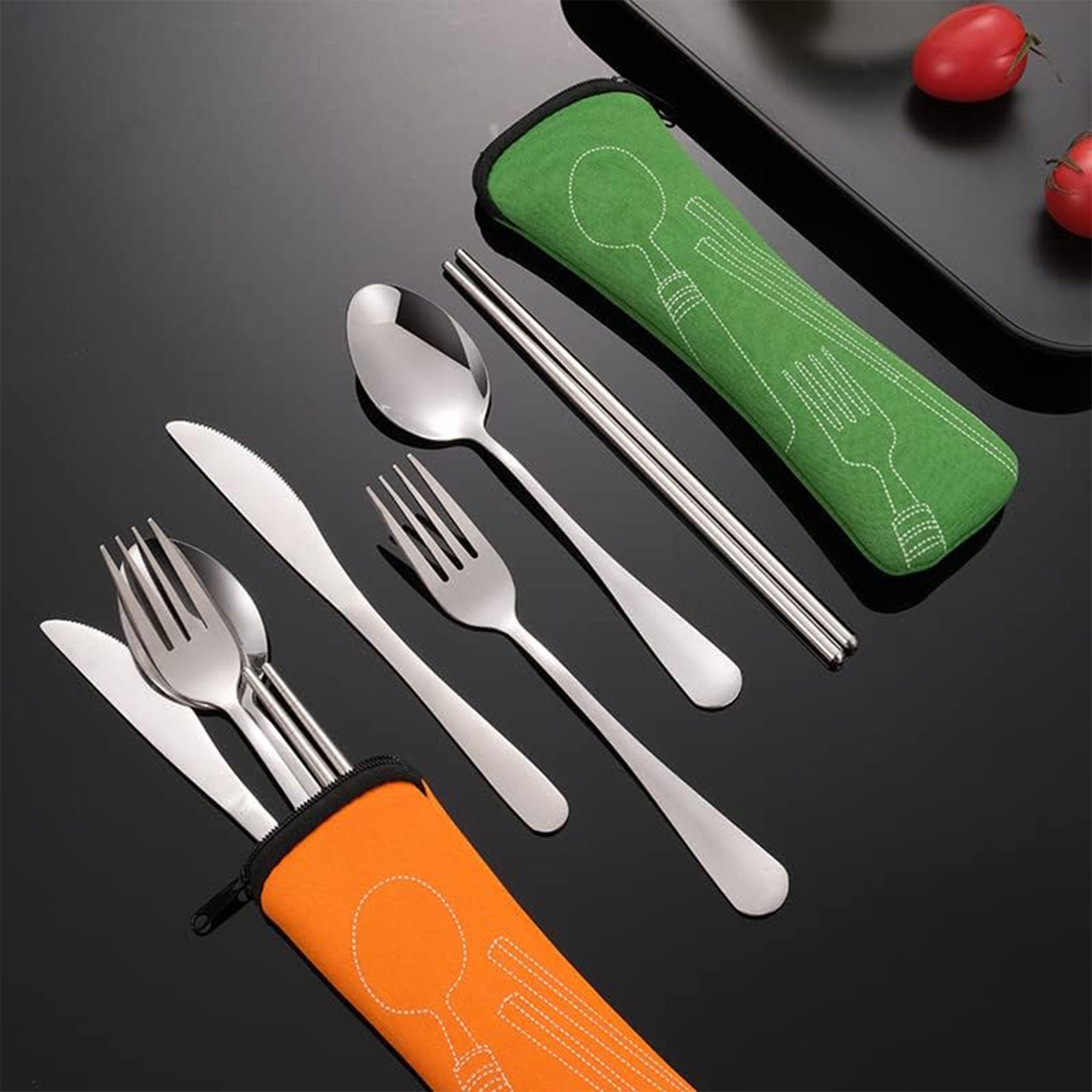 4-Piece Portable Stainless Steel Cutlery Set with Bag – Spoon, Fork & Knife (Dark Blue)