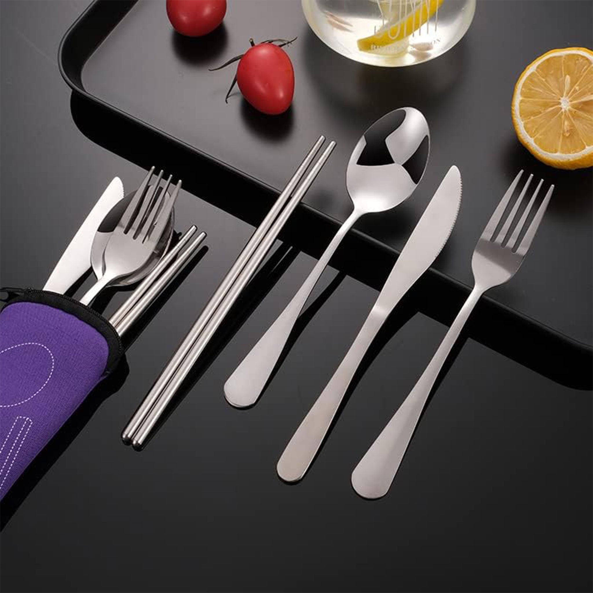 4-Piece Portable Stainless Steel Cutlery Set with Bag – Spoon, Fork & Knife (Dark Blue)