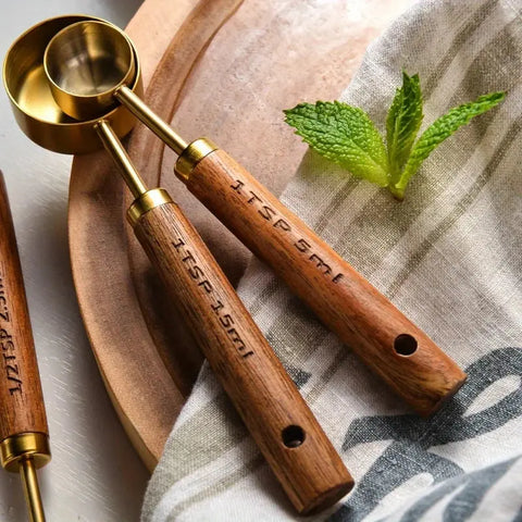 4-piece gold-plated stainless steel measuring spoon set with acacia wood handles-perfect for Cooking & Baking wiktra